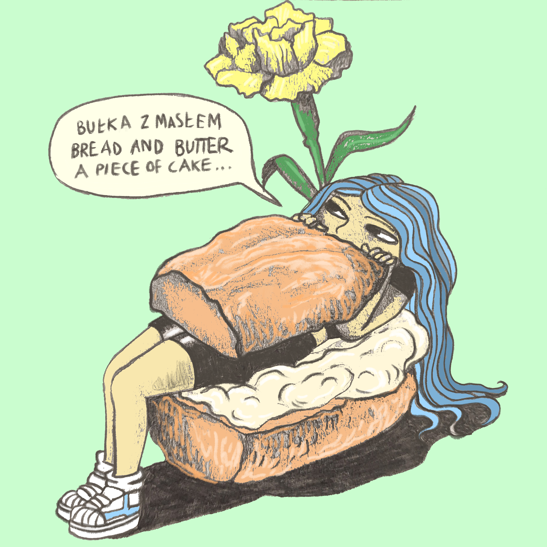 a blue hair girl is sandwiched between two slices of bread