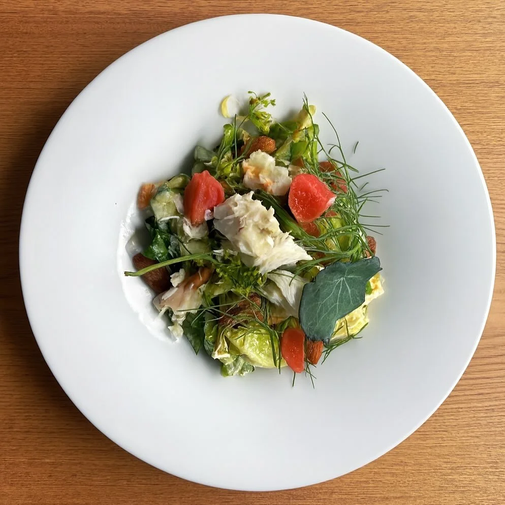 Despite the Rain, we are keeping the summer vibes alive :) Fresh from Lyme Bay &mdash; white crab meets crisp Trill Farm fennel, cucumber &amp; radish, with a little kick of kimchi and crunch of smoked almonds. Local, seasonal, delicious. Who&rsquo;s