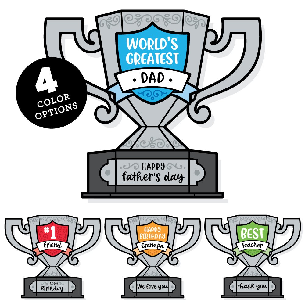 Personalize these printable DIY Trophies with the included nameplate, crest, and color options.