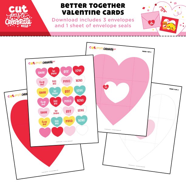 Wrap your printable Valentine Cards up in our heart envelopes, and then finish it off with one of the included printable envelope seals