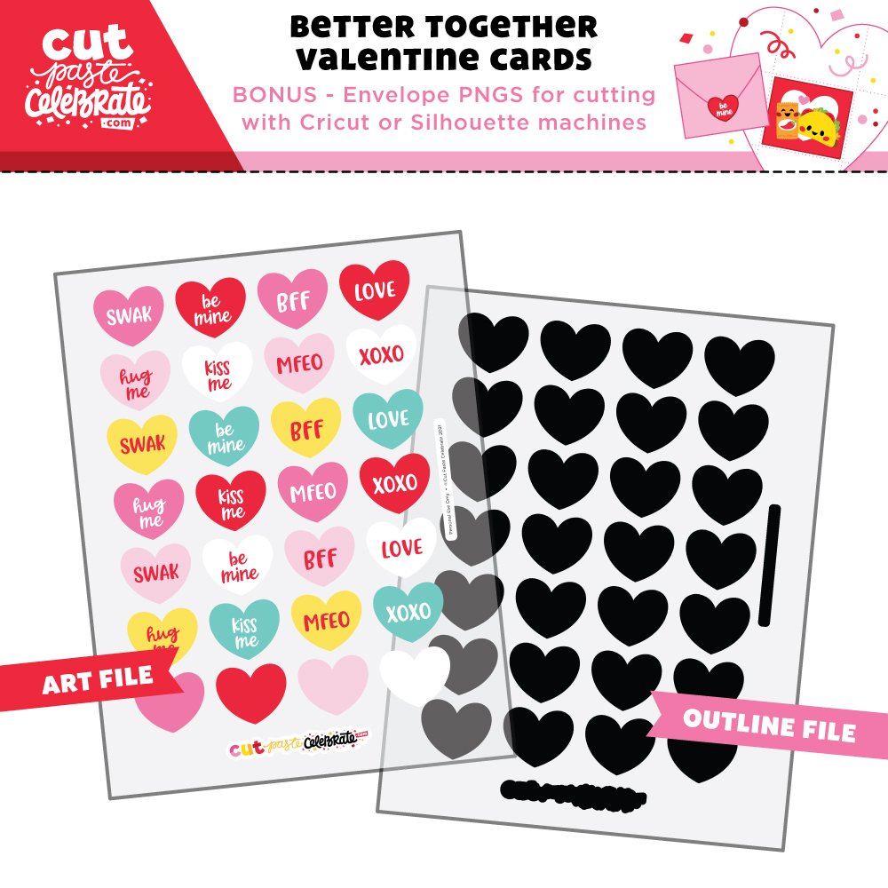 Our Printable Valentine Cards come with a bonus: Print-then-Cut Envelope Seal PNGs for cutting with your Cricut or Silhouette machine