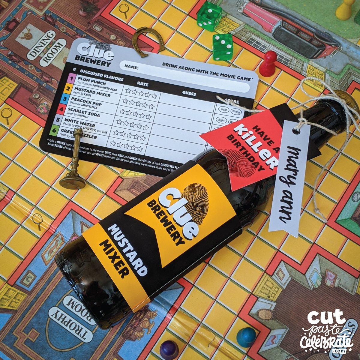 Included with our printable Clue Drink Labels PDF are BONUS "Drink Along With the Movie" prompts, scorecards, and gift tags
