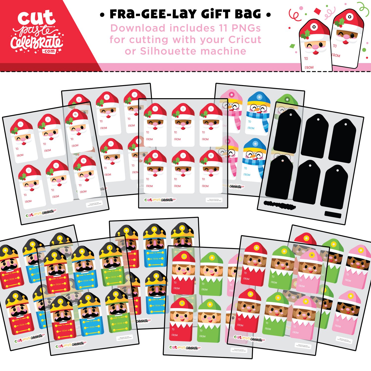 These printable Christmas gift tags come with 11 Print-Then-Cut PNG files for cutting with your Cricut and Silhouette machines.
