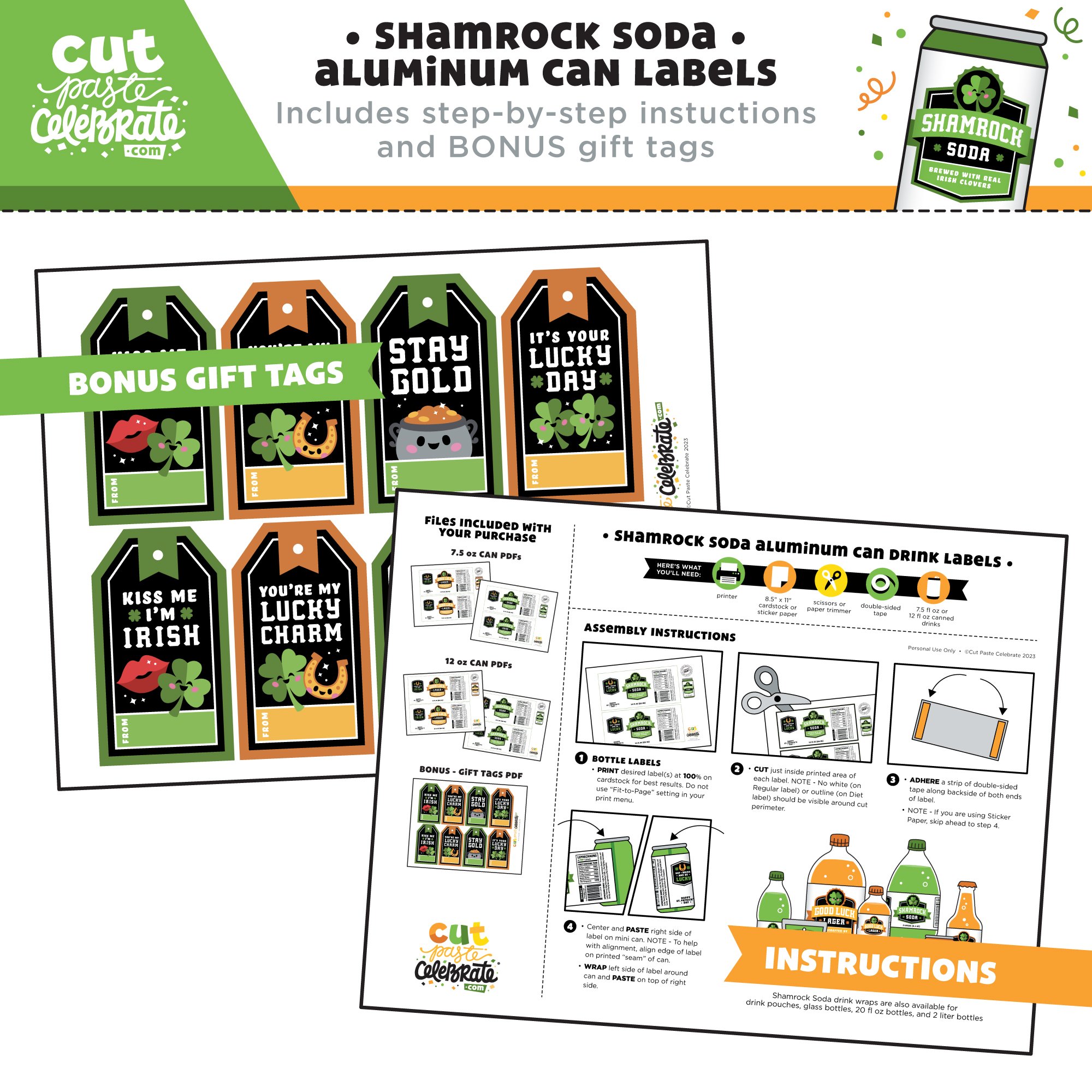 Your printable St. Patrick's Day drink labels include step-by-step illustrated instructions and a BONUS sheet of printable gift tags.