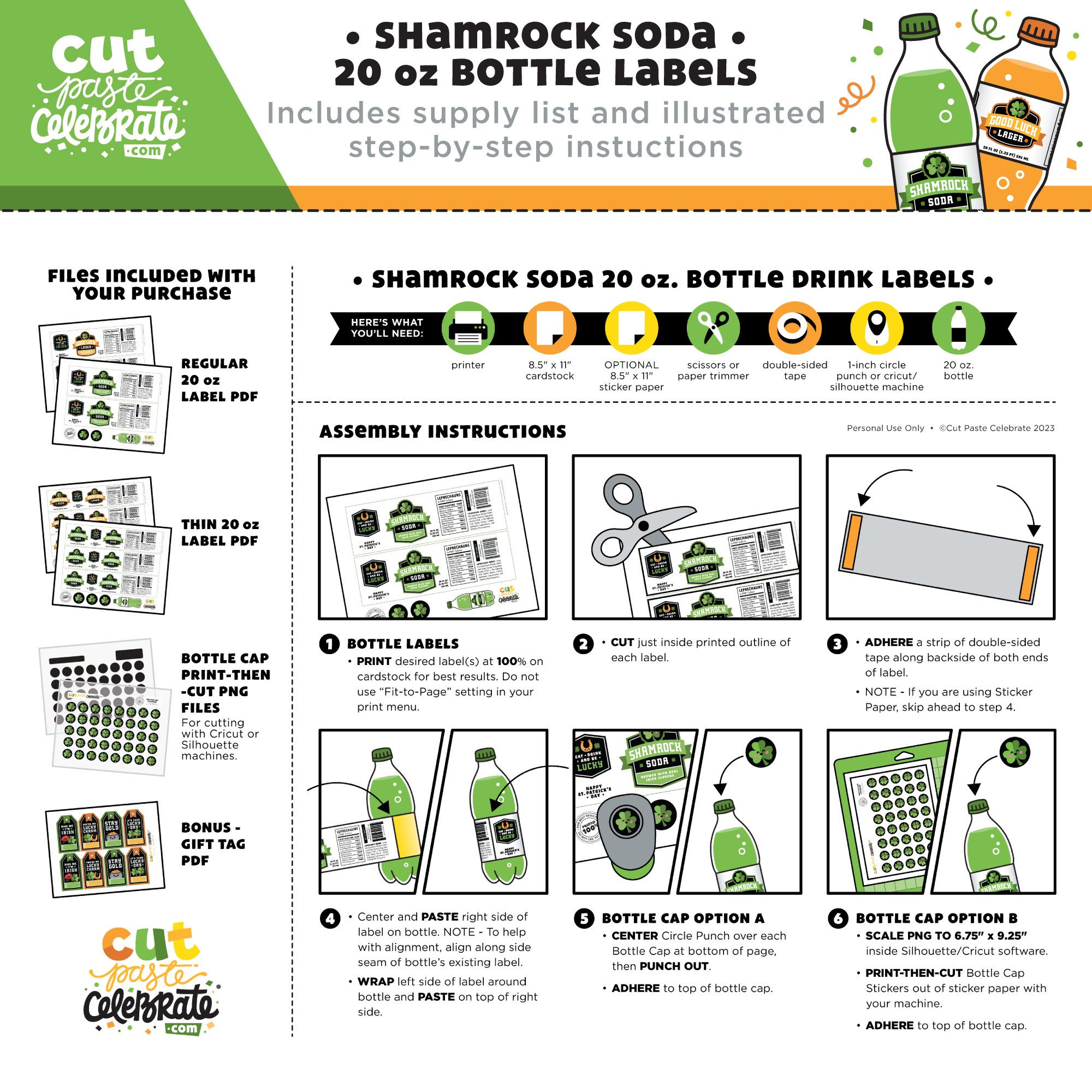 Your printable St. Patrick's Day drink labels include a supply list and step-by-step illustrated instructions.