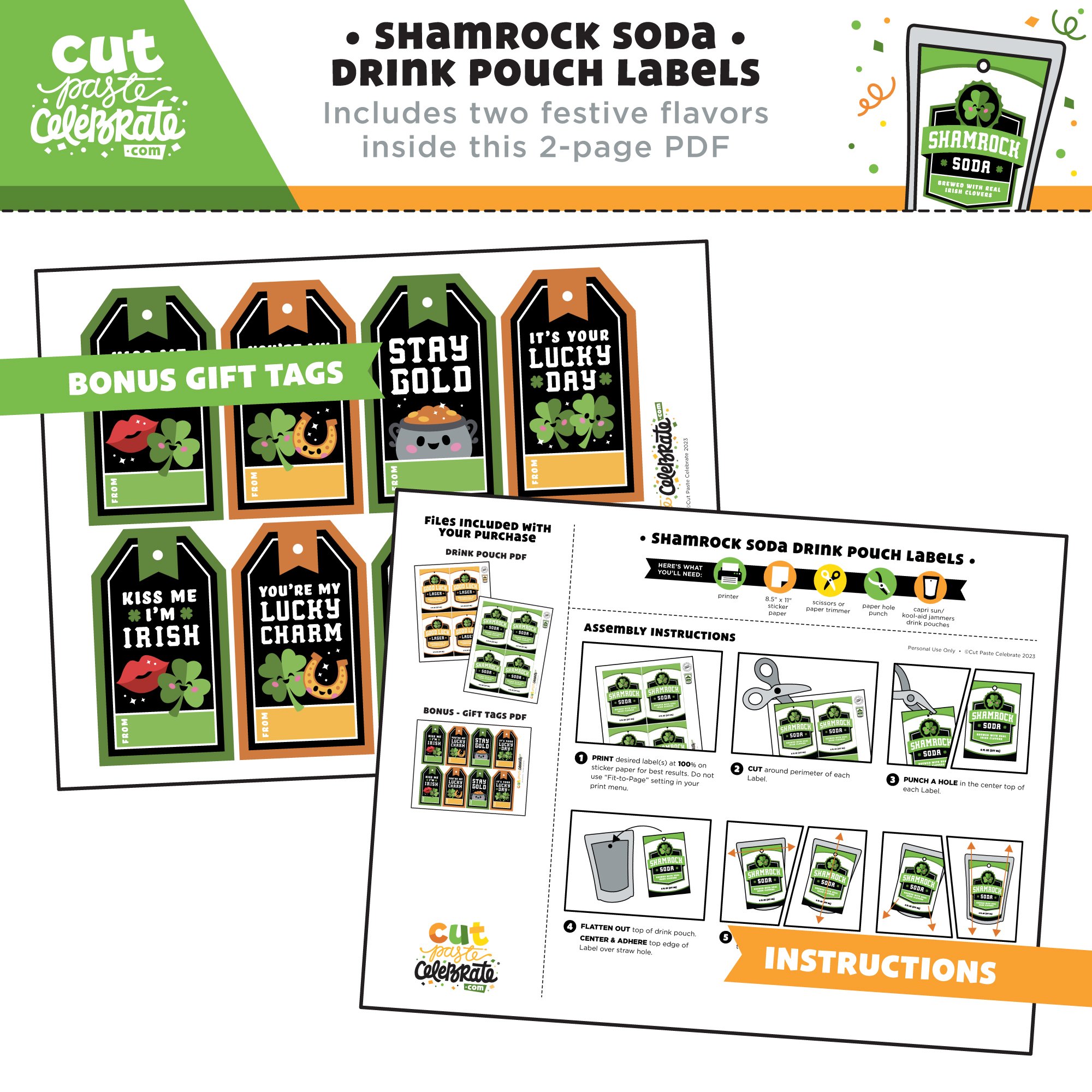 Your printable St. Patrick's Day drink labels include step-by-step illustrated instructions and a BONUS sheet of printable gift tags.