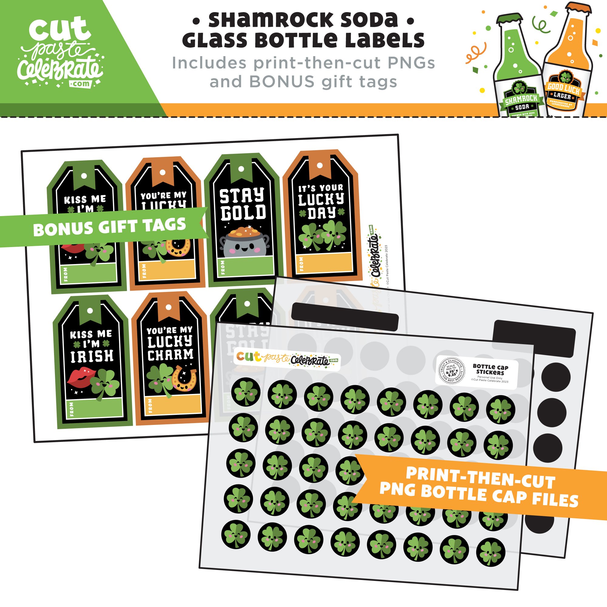 Your printable St. Patrick's Day drink labels include print-then-cut Bottle Cap PNGs and a BONUS sheet of printable gift tags.