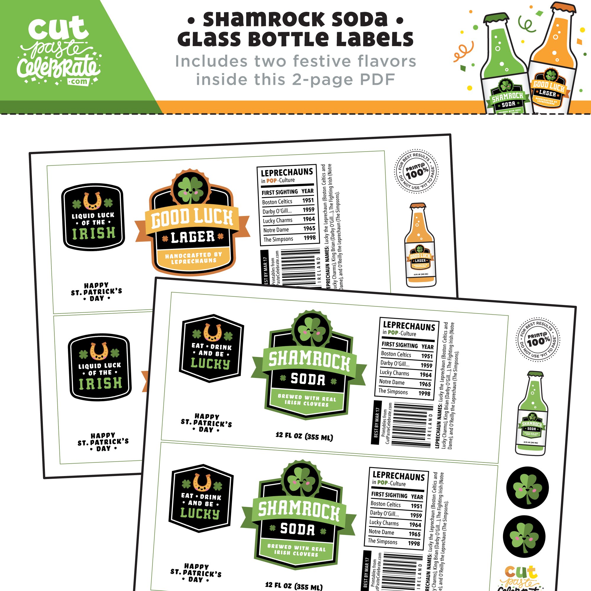 Your printable St. Patrick's Day drink labels include two festive flavors: Shamrock Soda and Good Luck Lager.