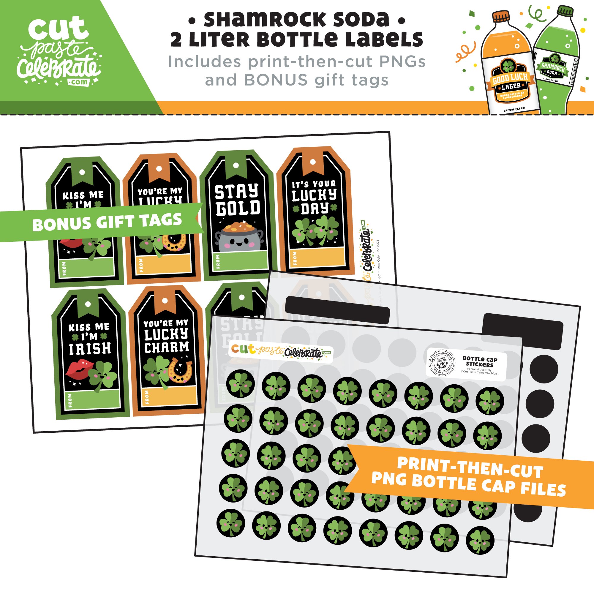 Your printable St. Patrick's Day drink labels include print-then-cut Bottle Cap PNGs and a BONUS sheet of printable gift tags.