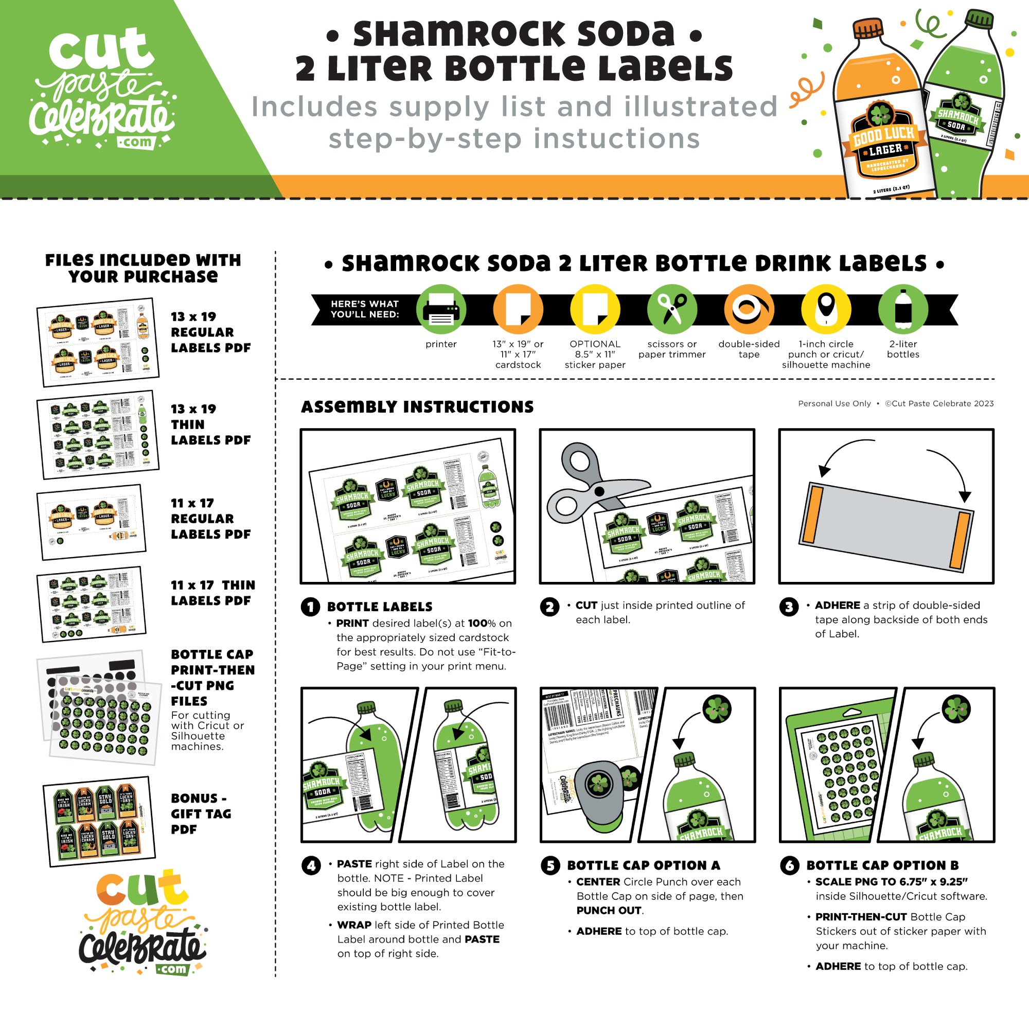 Your printable St. Patrick's Day drink labels include a supply list and step-by-step illustrated instructions.