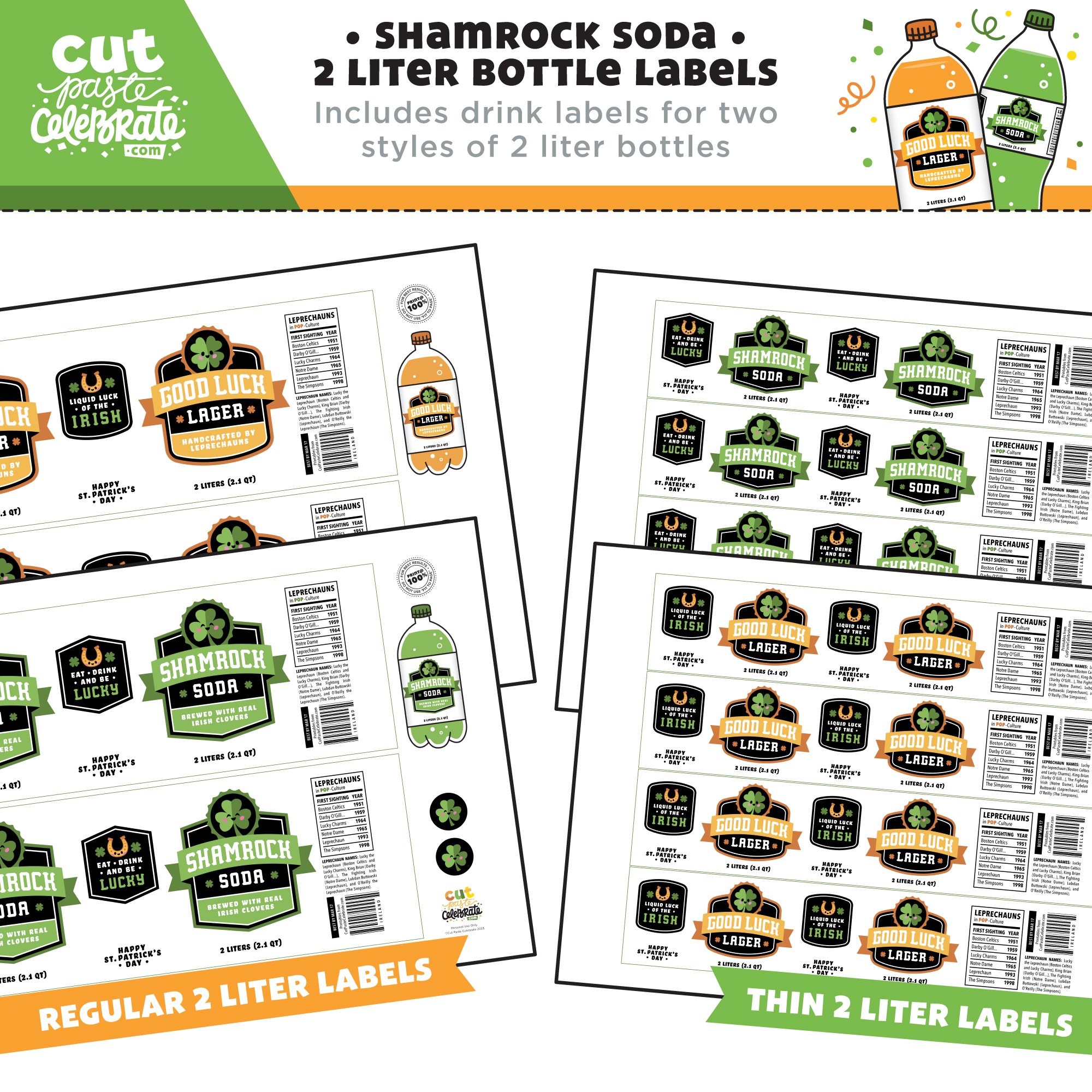 Your printable St. Patrick's Day drink labels include 2 flavors: Shamrock Soda & Good Luck Lager.