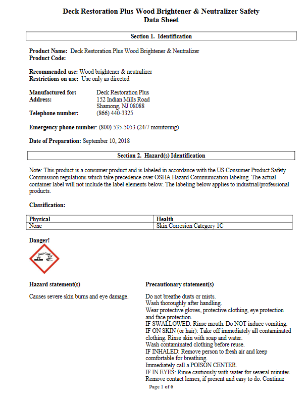 Safety Data Sheets (SDS) — Deck Restoration Plus