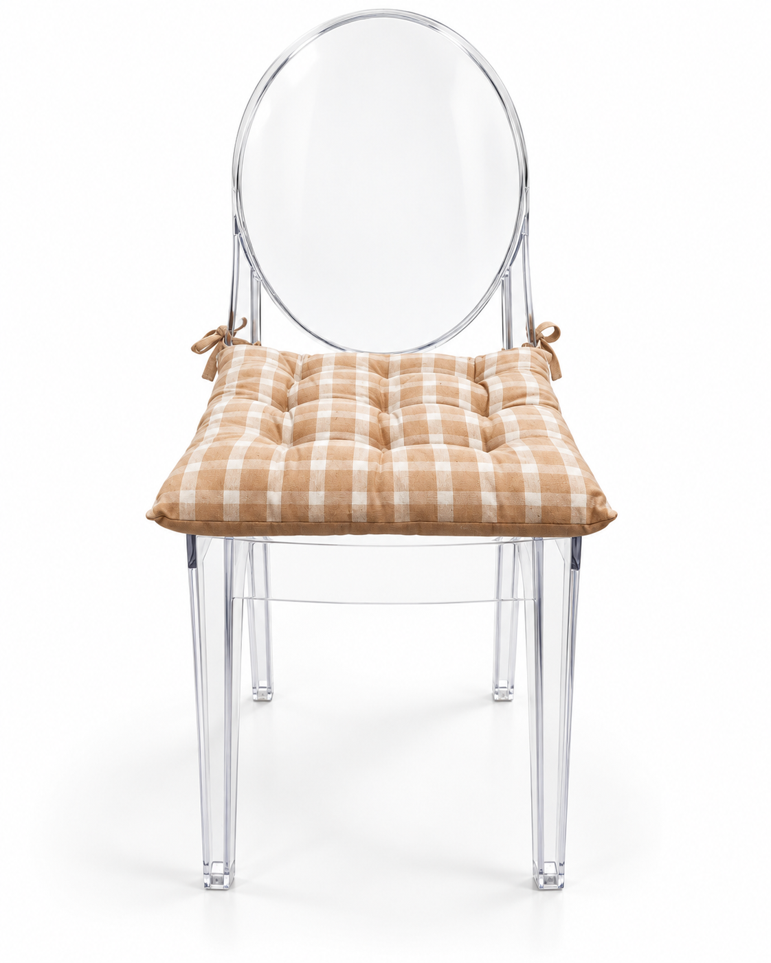 Neutral beige and ivory gingham seat cushion tied to a clear ghost chair.png