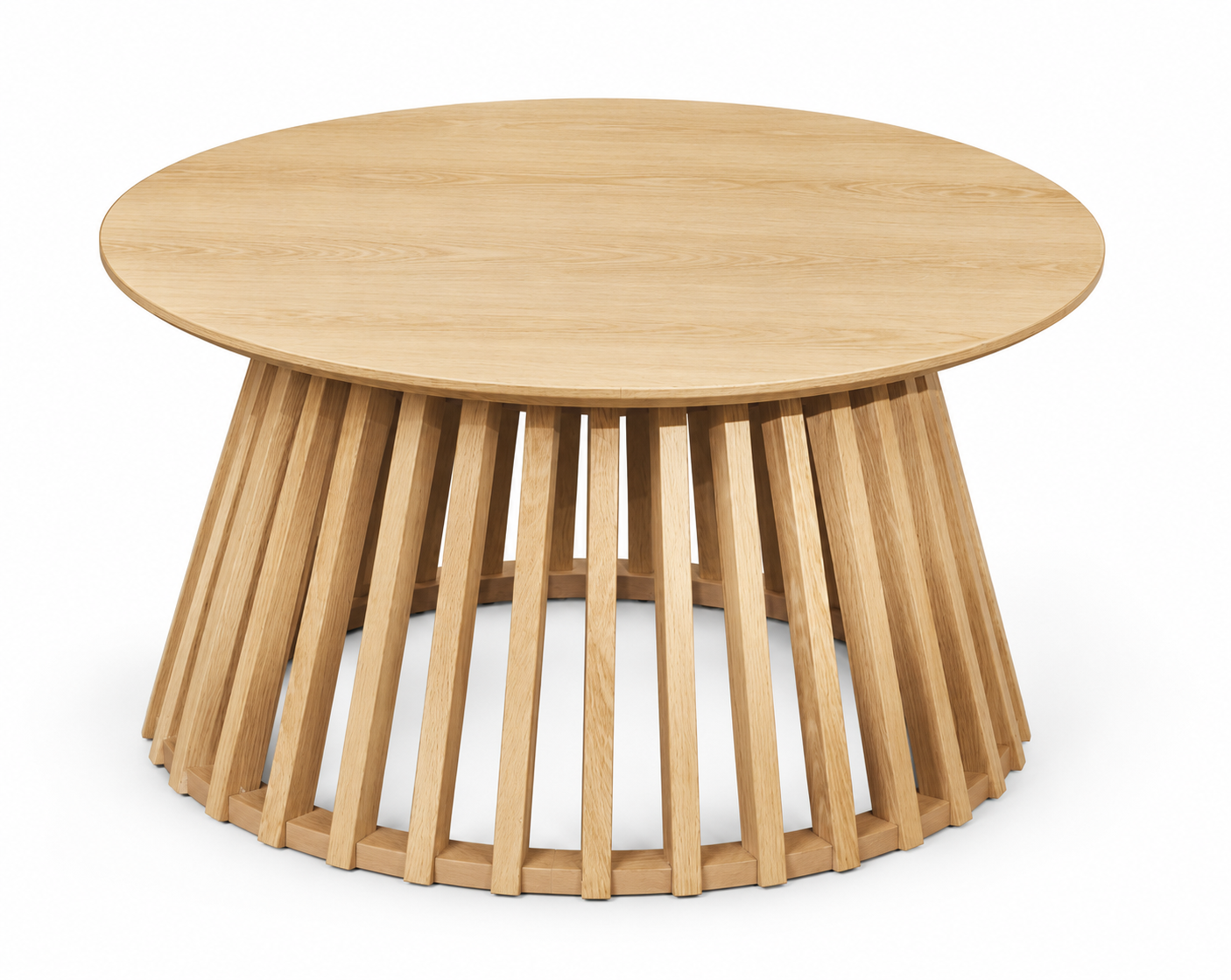 Round coffee table in a natural timber finish with an angled slatted base.png