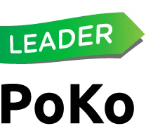 Vihreä nuoli, jossa teksti 'LEADER', ja alapuolella sanakirja 'PoKo'.