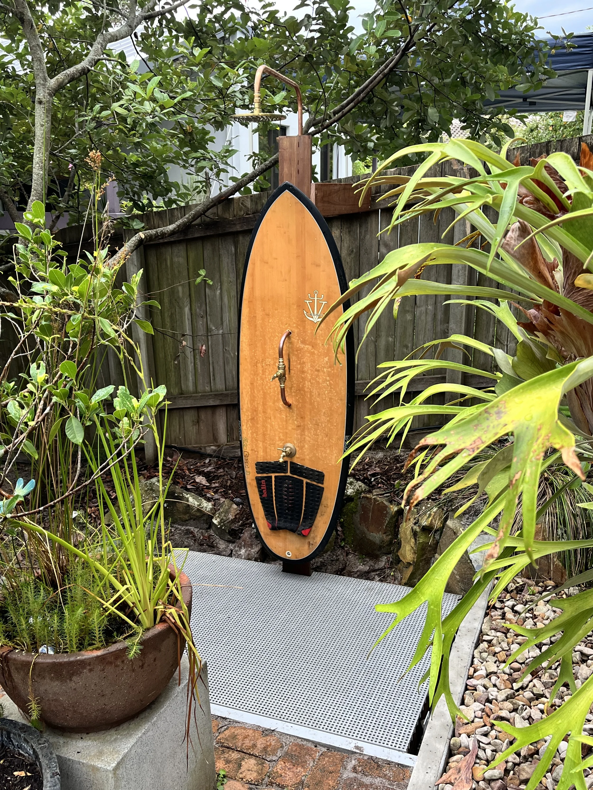 Custom Copper Surfboard Outdoor Shower 