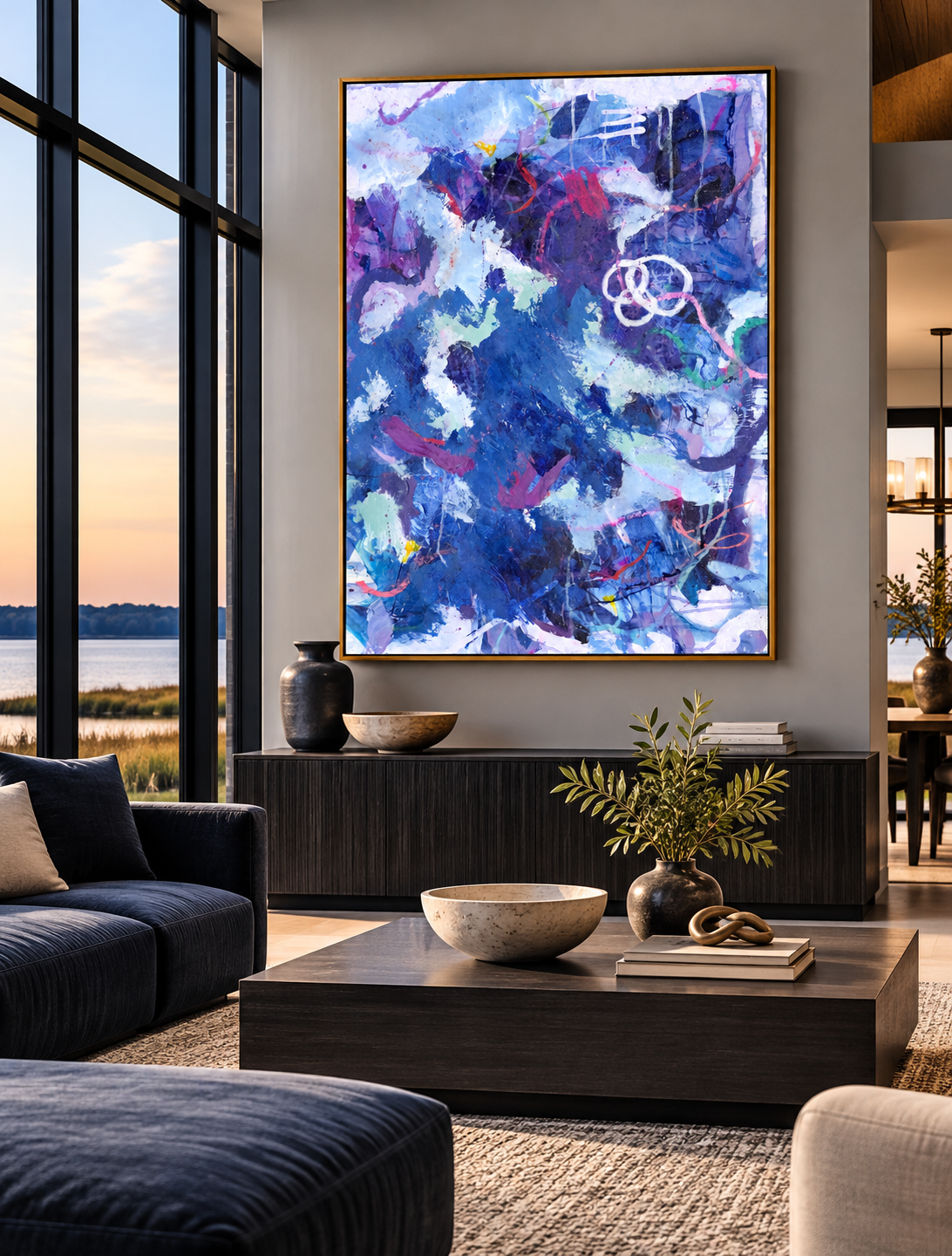 Contemporary living room with dark navy furnishings featuring Tangled Up in Blue II, a colorful blue and violet abstract painting by Karen C. Williams.Lakeside Living Room with Abstract Art (1).png
