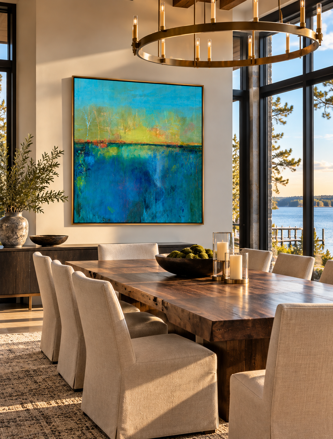 Sunlit Coastal Dining Room with Abstract Lakescape.png