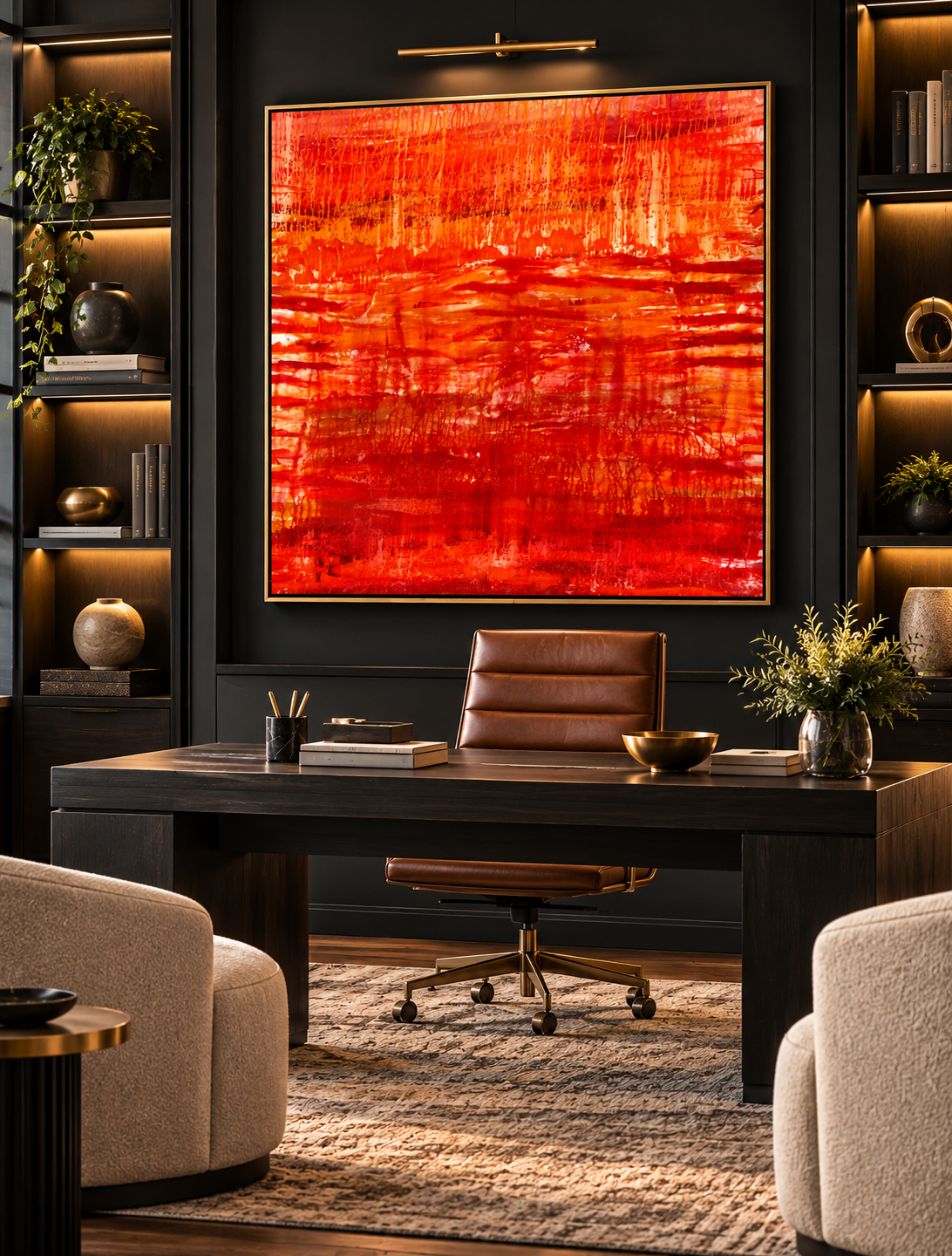 Moody Luxury Office with Fiery Abstract Art.png