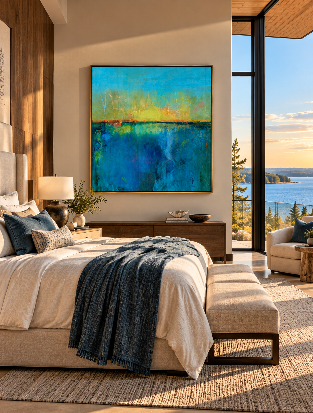 Sunlit Coastal Bedroom with Abstract Art.png