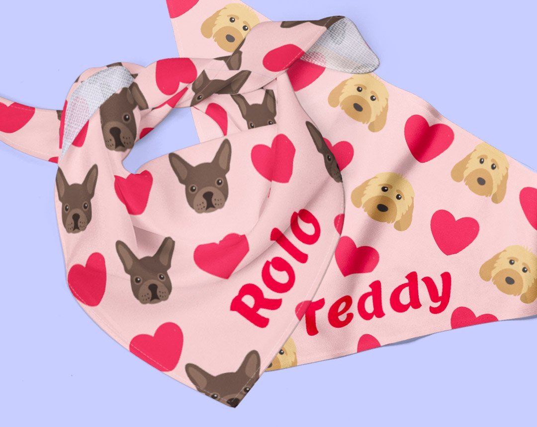 dog bandana with hearts, heart dog bandana, personalised dog heart bandana