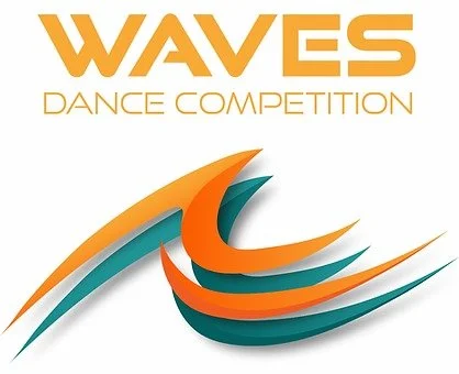Logo for Waves Dance Competition featuring stylized ocean waves in orange, teal, and dark teal colors with the text 'Waves' in bold orange and 'Dance Competition' in smaller orange font.