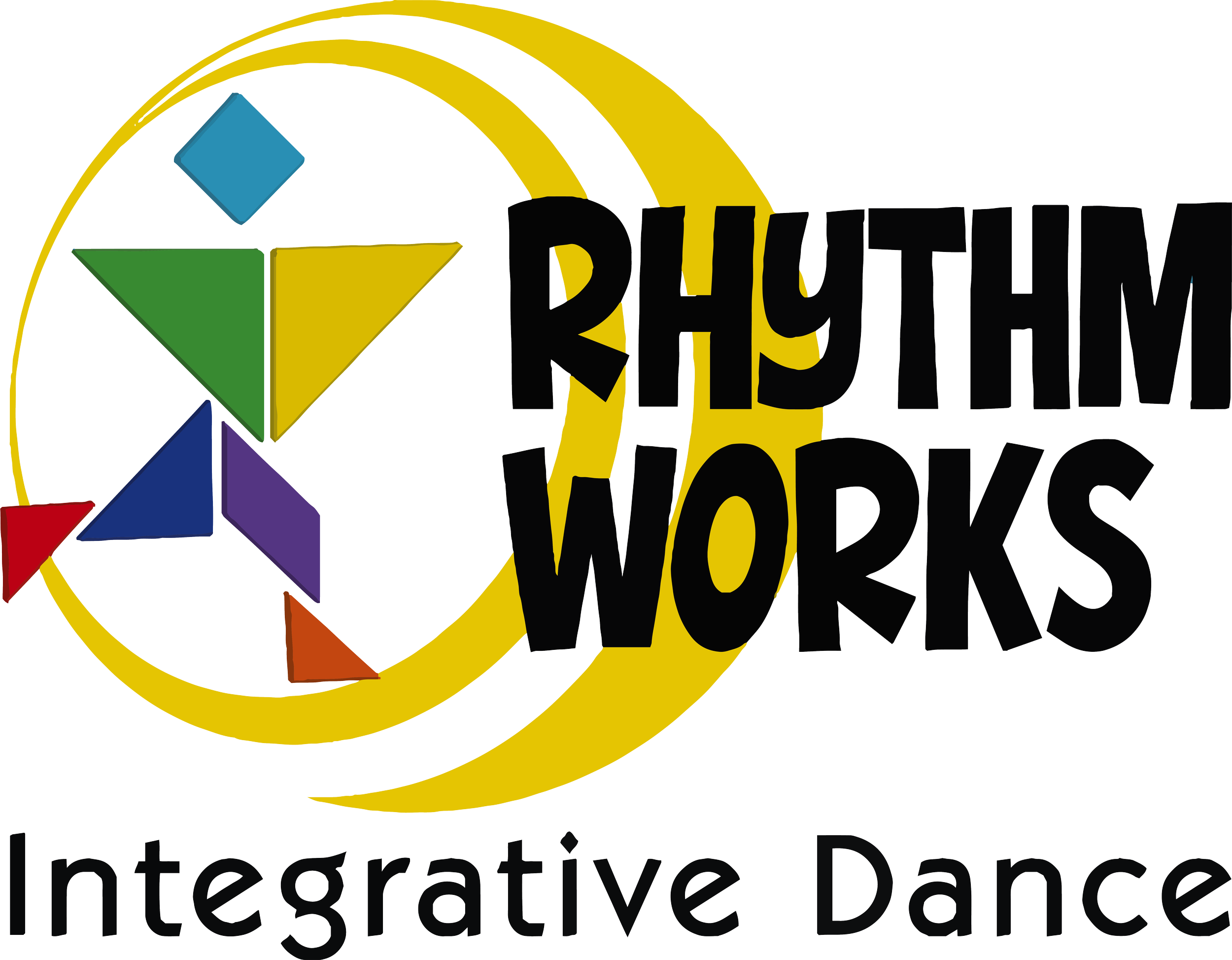 Logo for Rhythm Works Integrative Dance featuring multicolored geometric shapes inside a circle and bold black text.