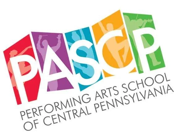 Colorful logo for PASCP Performing Arts School of Central Pennsylvania, with stylized letter blocks and silhouettes of performing arts activities.