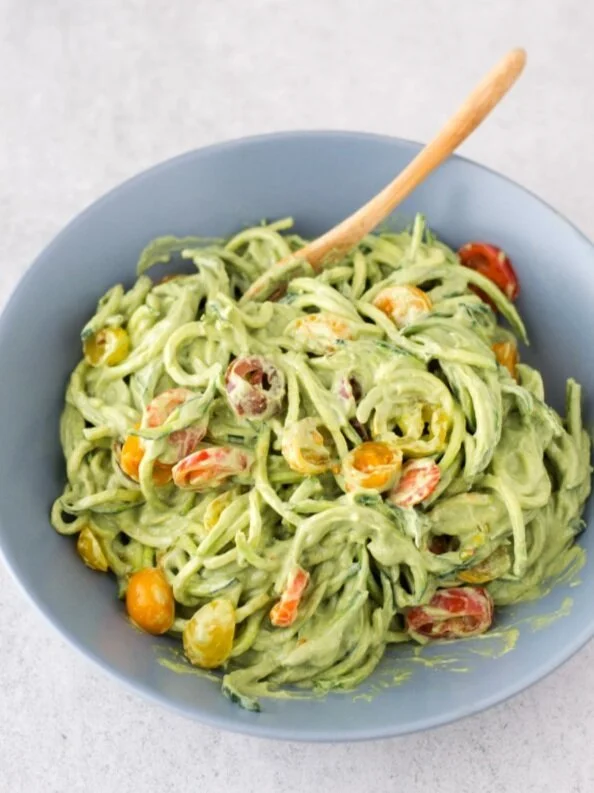 CREAMY ZUCCHINI NOODLES AND CHERRY GRAPE TOMATOES