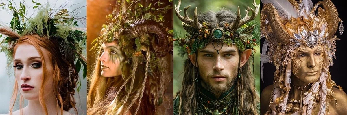 Four people in elaborate fantasy costumes with nature and fantasy-themed headpieces, including branches, leaves, horns, and ornate details.