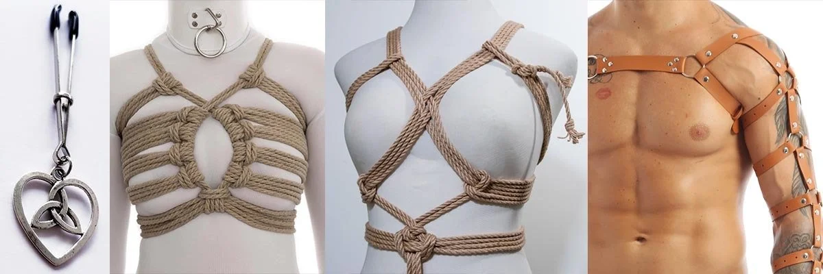 A collage with four images: a heart-shaped pendant with a triquetra, a rope harness on a mannequin, another rope harness with a simpler design, and a leather harness on a male torso.