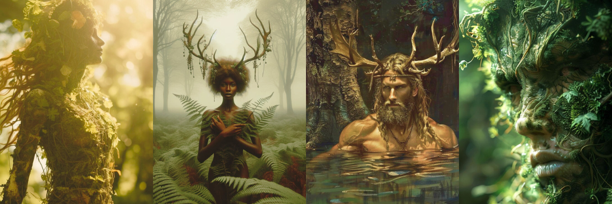 Collage of four mythical forest beings with plant and antler features, set in natural environments.