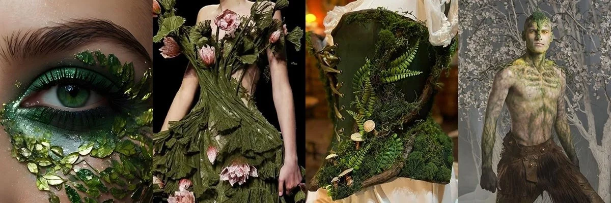 A collage featuring green and leaf-inspired fashion and makeup. The first section shows a close-up of an eye with green makeup and leafy embellishments. The second section displays a dress made of green leaves and pink flowers. The third section highlights a corset adorned with moss, leaves, and ferns. The last section features a person painted with green and brown body art, standing in a forest-like setting.