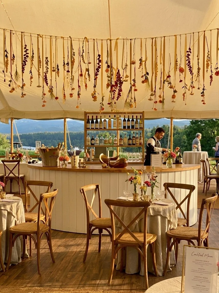 Elegante Outdoor-Bar unter einem Festzelt mit hängenden Trockenblumen, Getränkeregal, gedeckten Tischen und Bergblick.