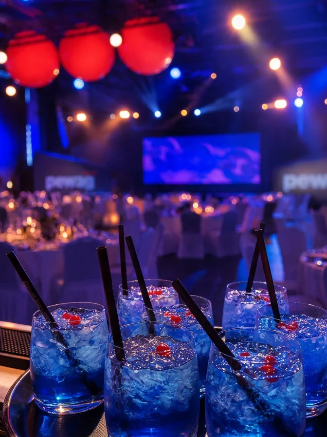 Blaue Cocktails mit Eis, Kirschen und schwarzen Strohhalmen auf einer festlich beleuchteten Veranstaltung