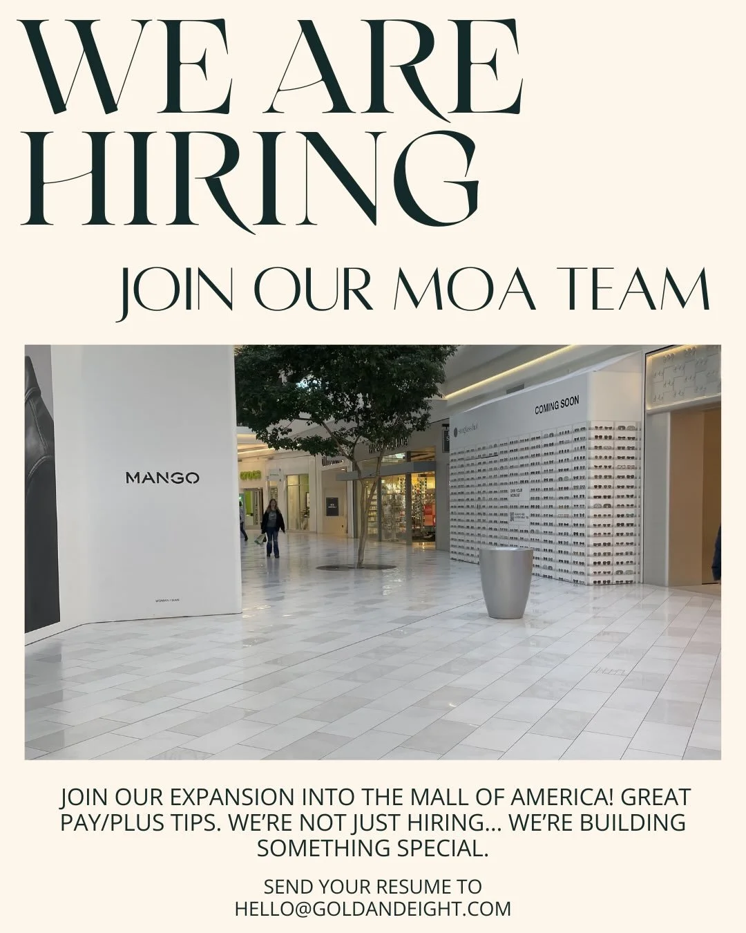 ✨ We&rsquo;re Hiring at Gold &amp; Eight ✨

📍 Mall of America

Gold &amp; Eight is growing &mdash; and we&rsquo;re looking for amazing humans to join us as Permanent Jewelry Stylists 💫

If you love connecting with people, creating meaningful experi