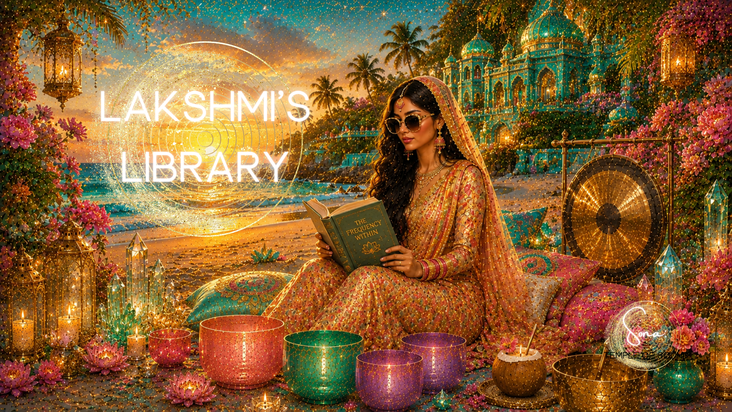 A woman dressed in traditional Indian attire, wearing sunglasses and jewelry, sitting outdoors at sunset with a book titled 'The Frequency Within.' The background features a grand palace, lanterns, and vibrant flowers, illuminated with fairy lights.