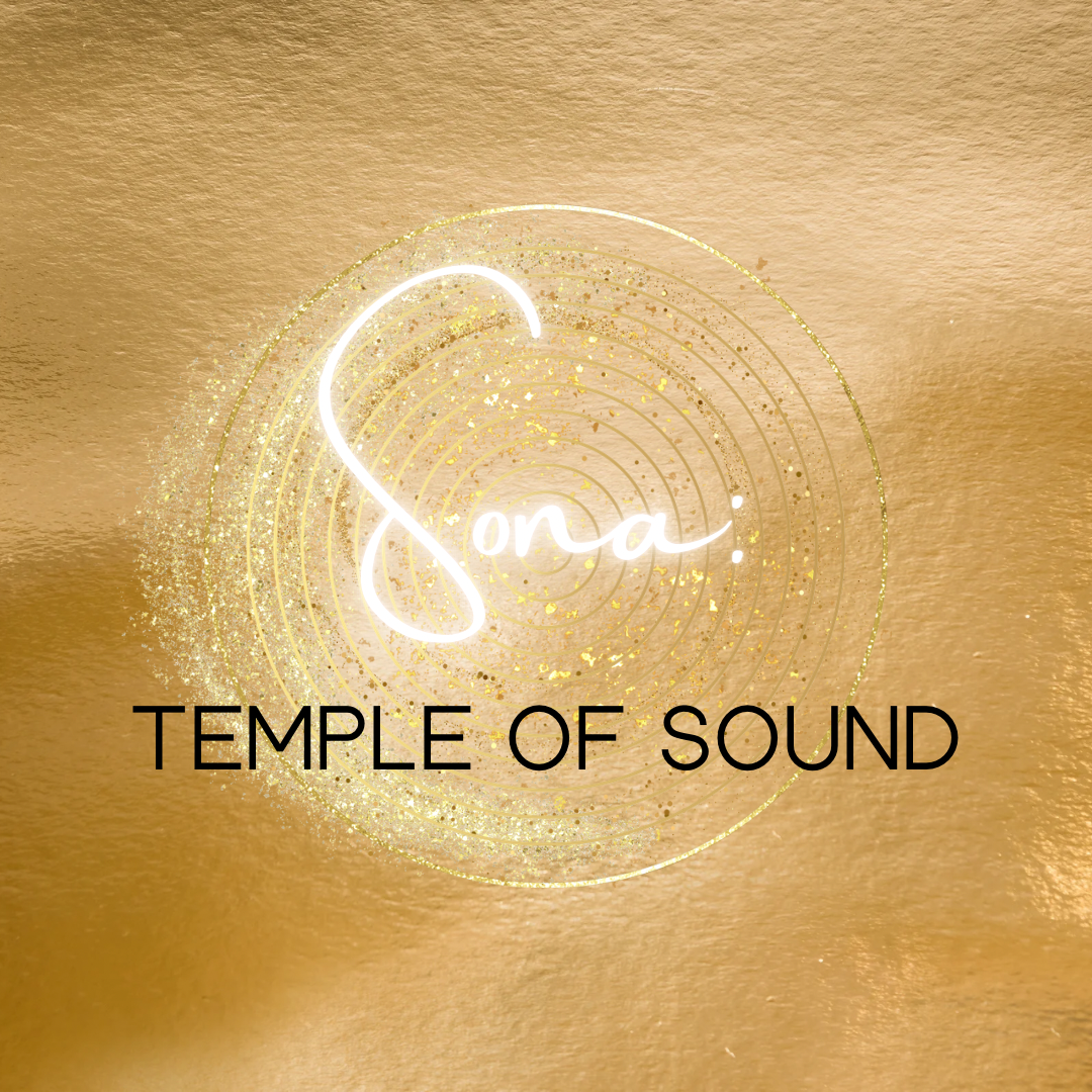 Gold background with glowing white and gold text reading 'Sona' and black text below it reading 'Temple of Sound' with circular golden sound waves.