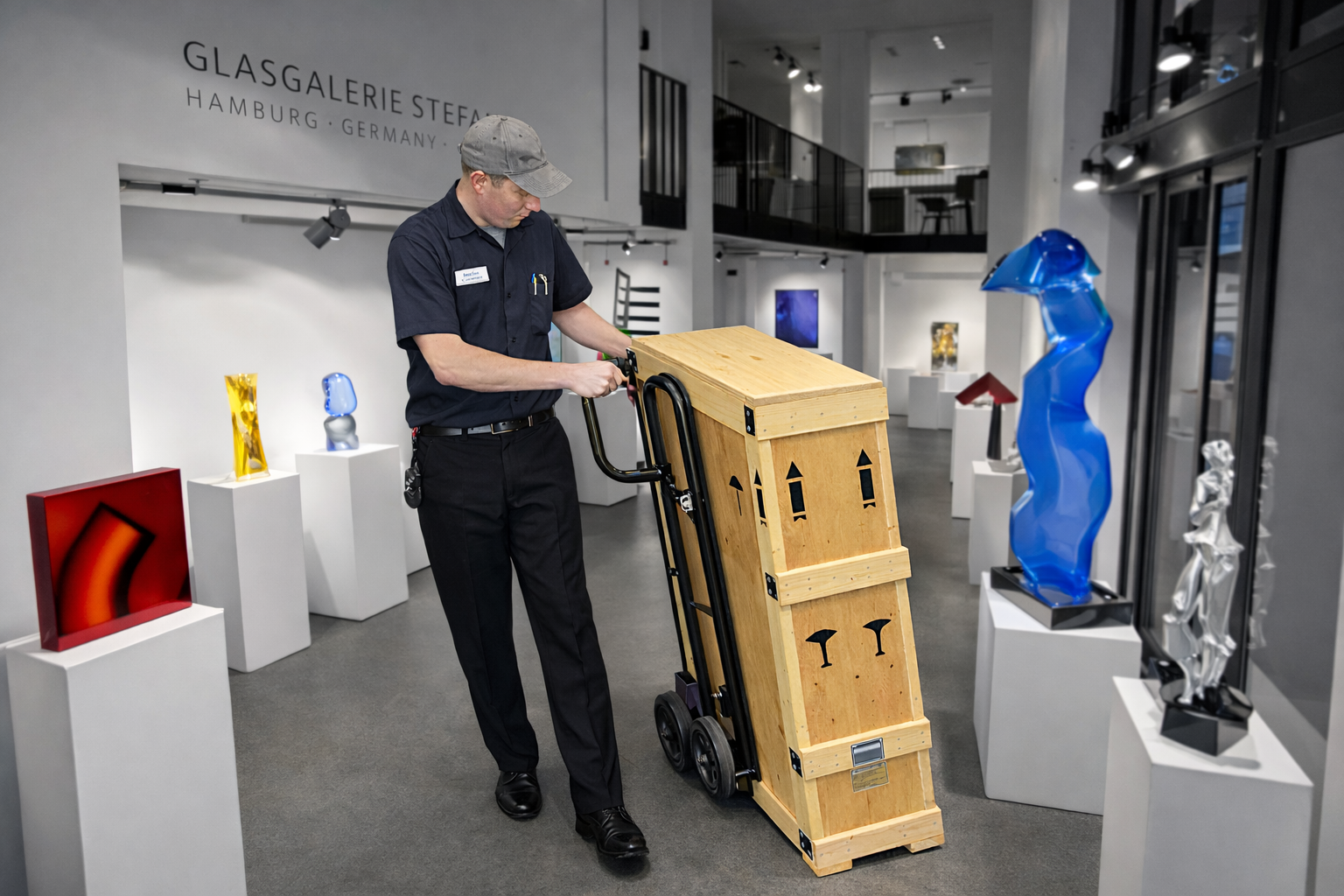 man in an art gallery with fragile art on display moving a large wooden box on a 360 Precision Hand Truck™