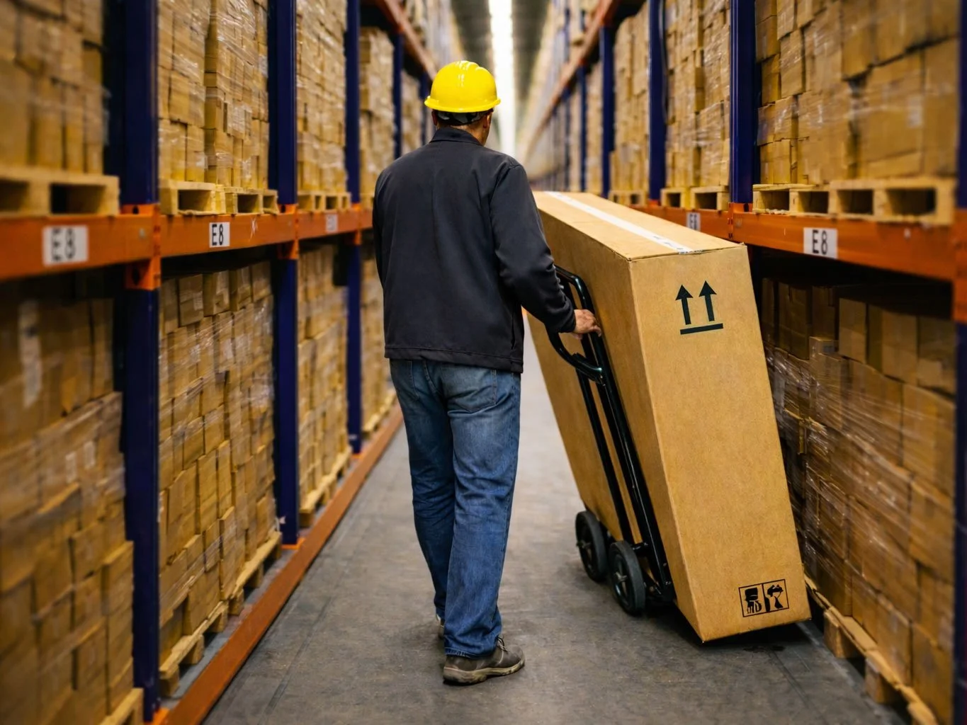 man wearing a yellow hard hat using 360 Precision Hand Truck to move a box down tight warehouse shelving