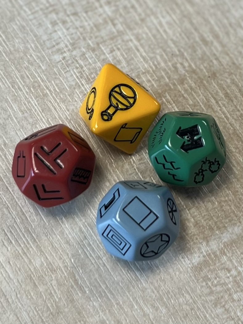 Bescon's Dungeon and Wilderness Terrain Dungeon Feature and Treasure Type Dice Set Red Yellow with Black Print 4 Piece Proprietary Polyhedral RPG Dice Set Green 