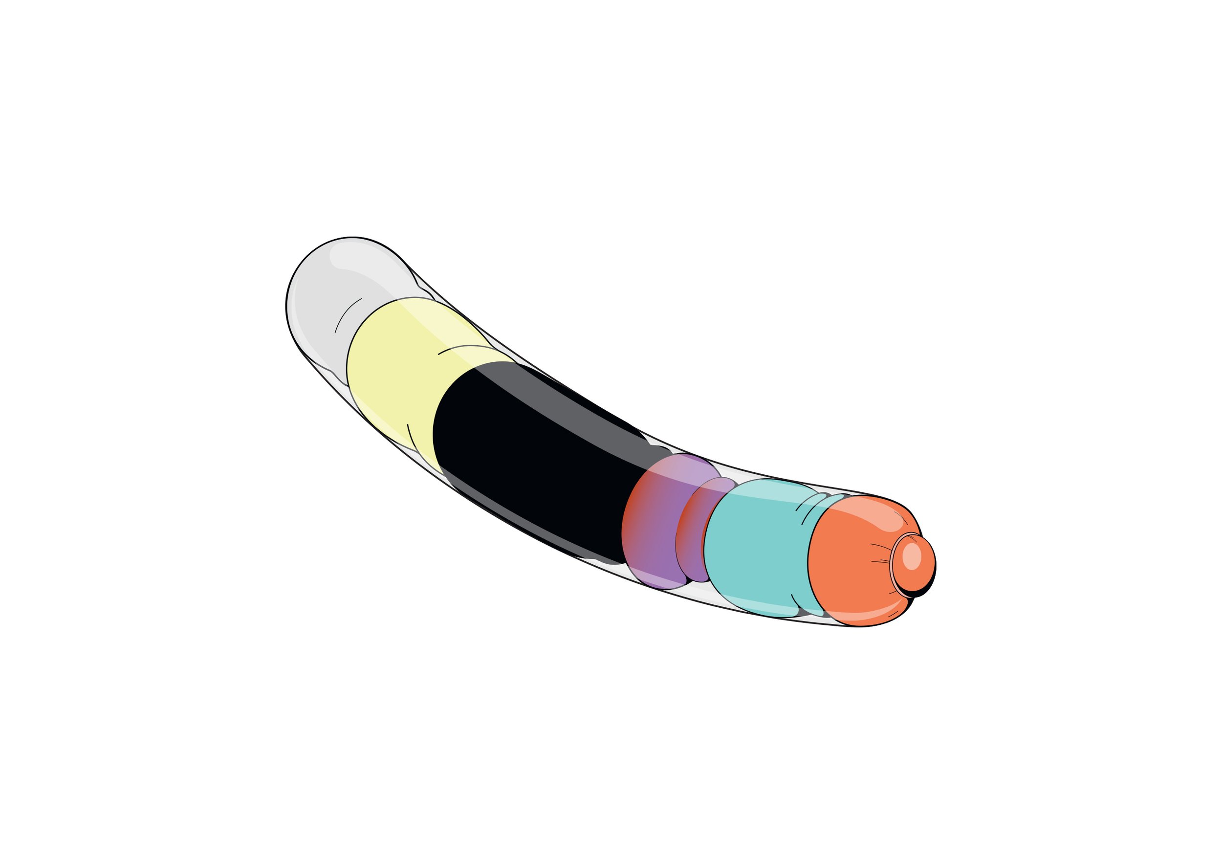 An illustration of what looks like multi-coloured ballons pressing through an opening at the end of a transparent tube shaped like a sausage
