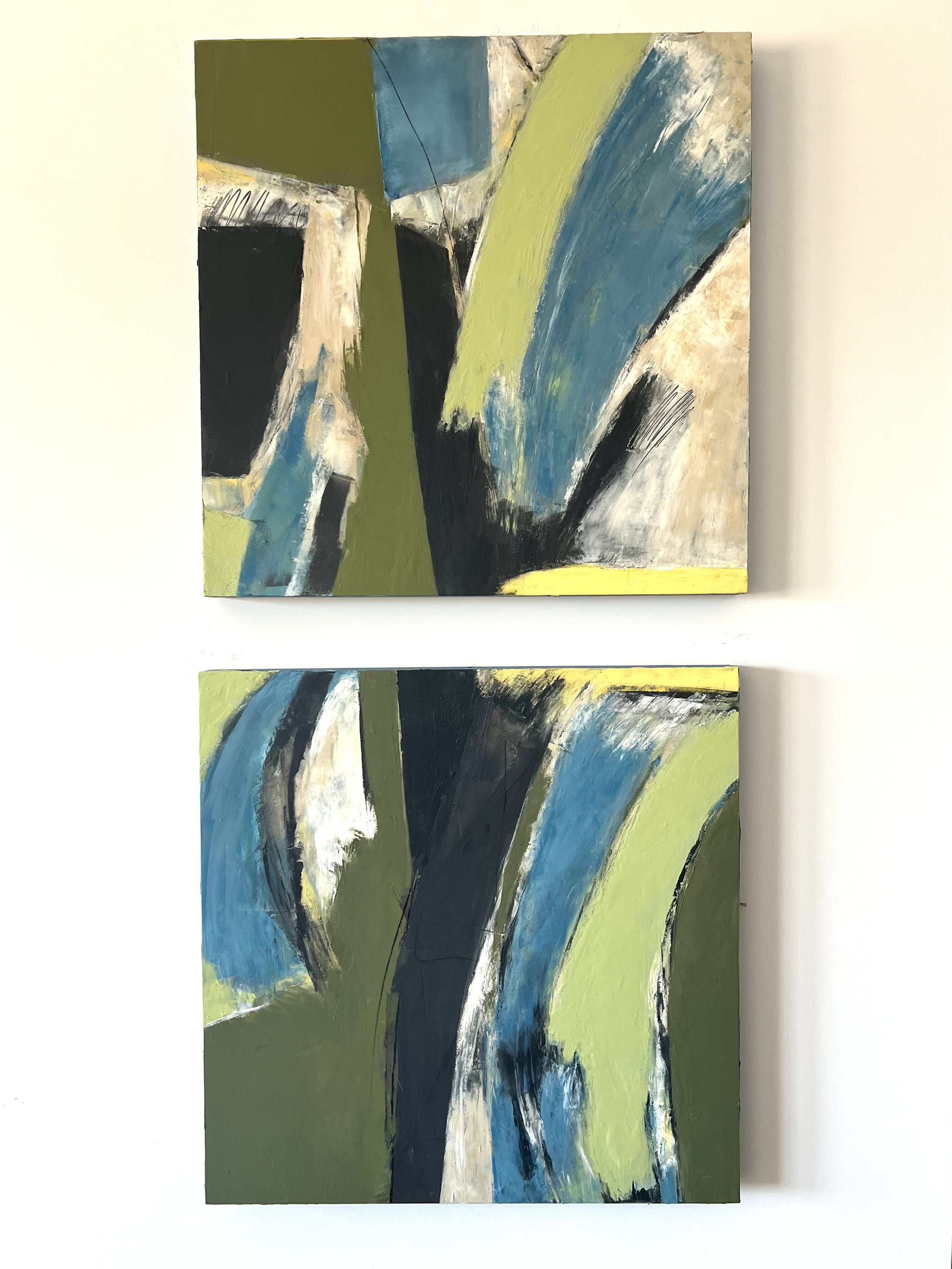 “Just Add Water I & II” Diptych. 20” sq. Oil & Cold Wax on Panel (Sold)