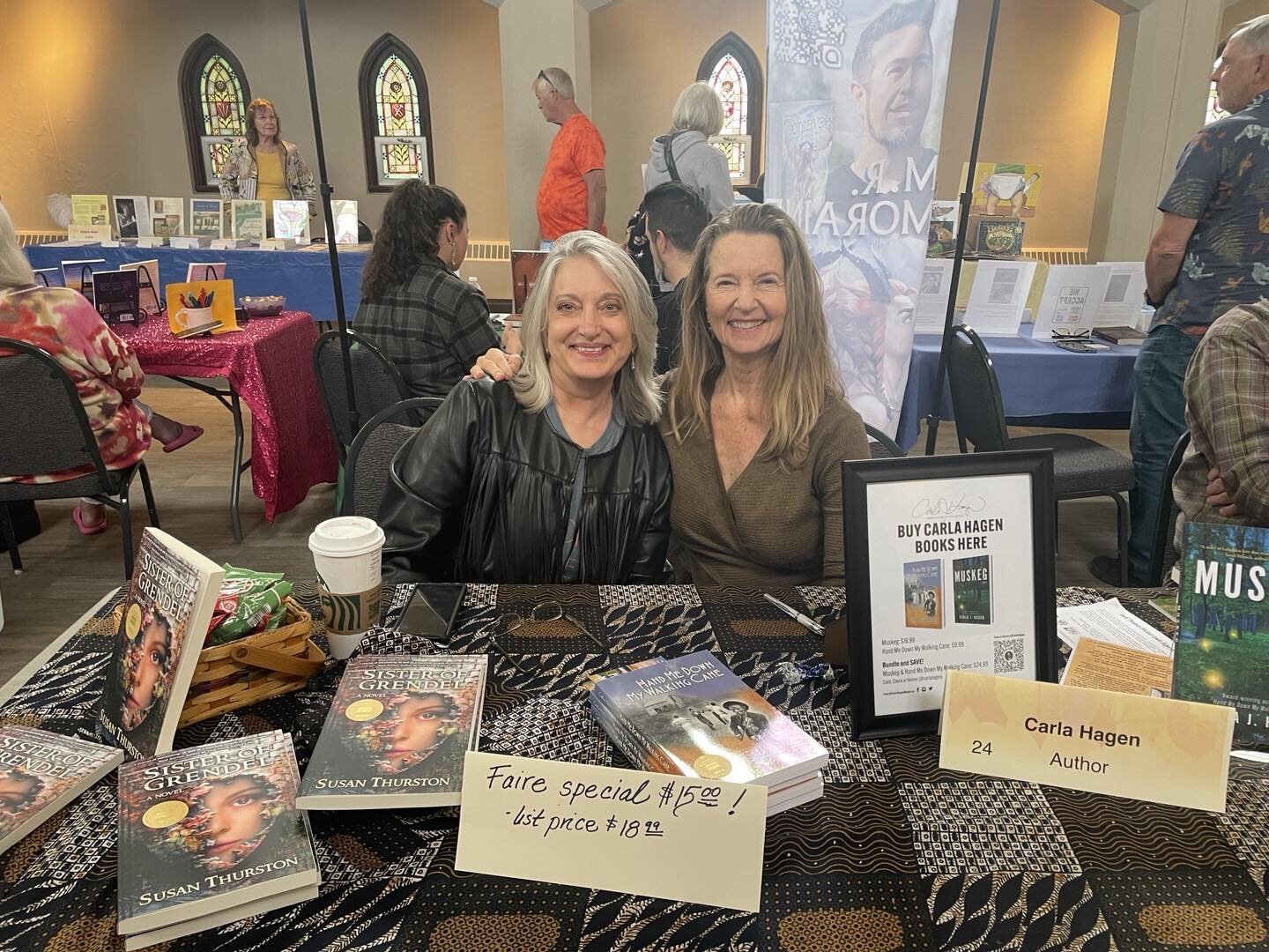 With Susan Thurston at the Calumet author tables, Rosemount Country Fair. Selling books, talking books, having fun!
