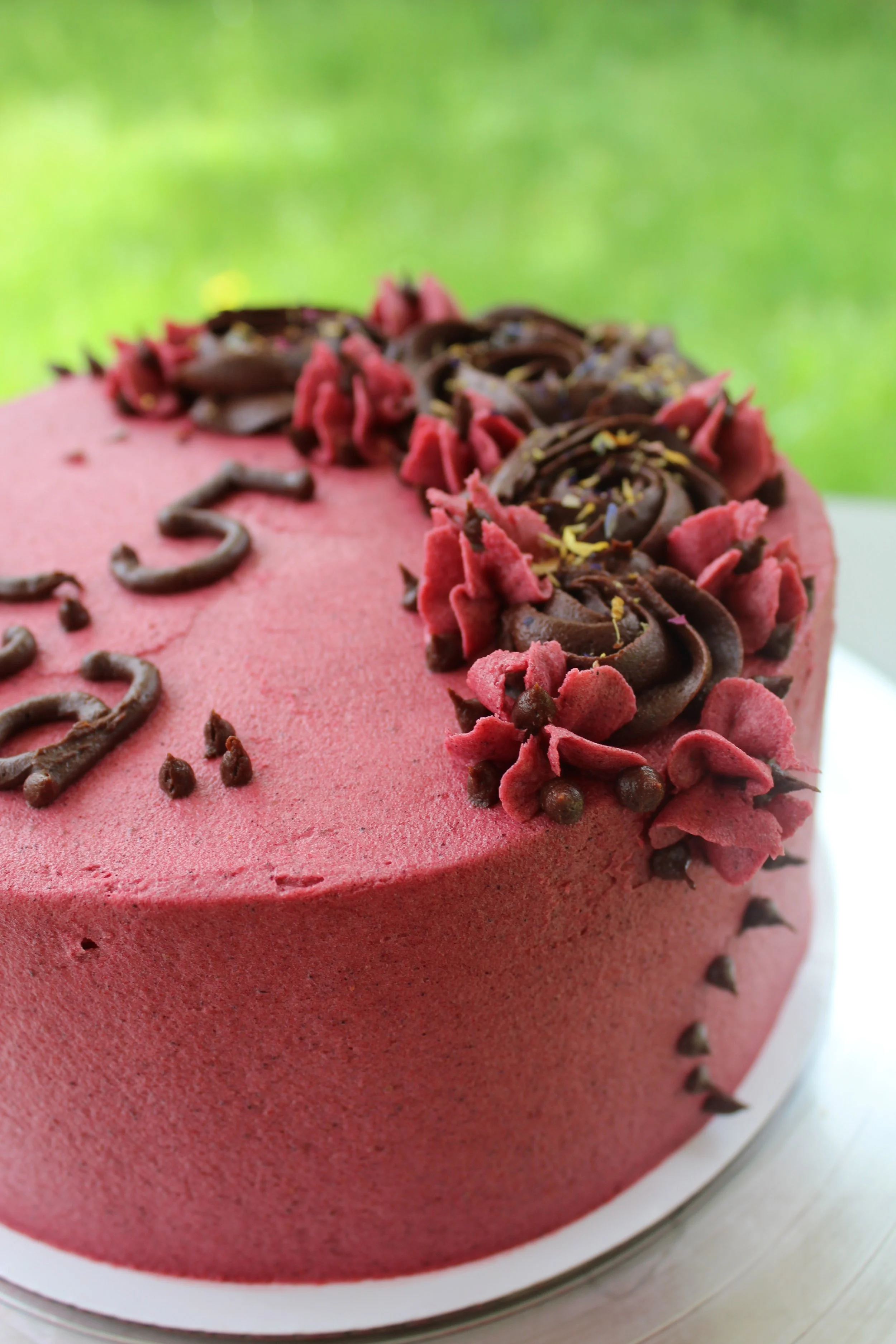 Pink birthday cake decorated with chocolate flowers and swirls, with a 5 and 2 written on top.