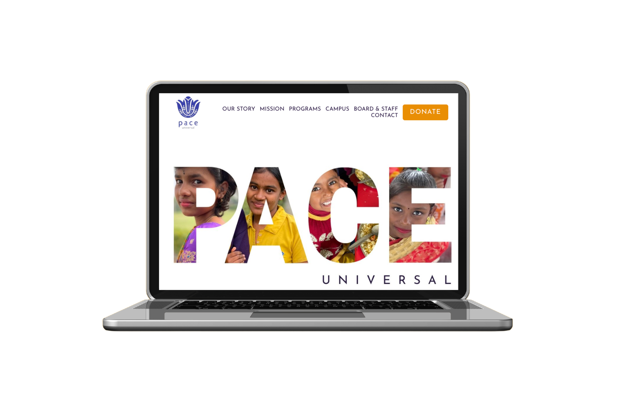 A laptop screen displaying a website with the word 'PEACE' filled with images of children, and the words 'UNIVERSAL' underneath. The website menu includes links for 'OUR STORY,' 'MISSION,' 'PROGRAMS,' 'CAMPUS,' 'BOARD & STAFF,' 'CONTACT,' and an oran