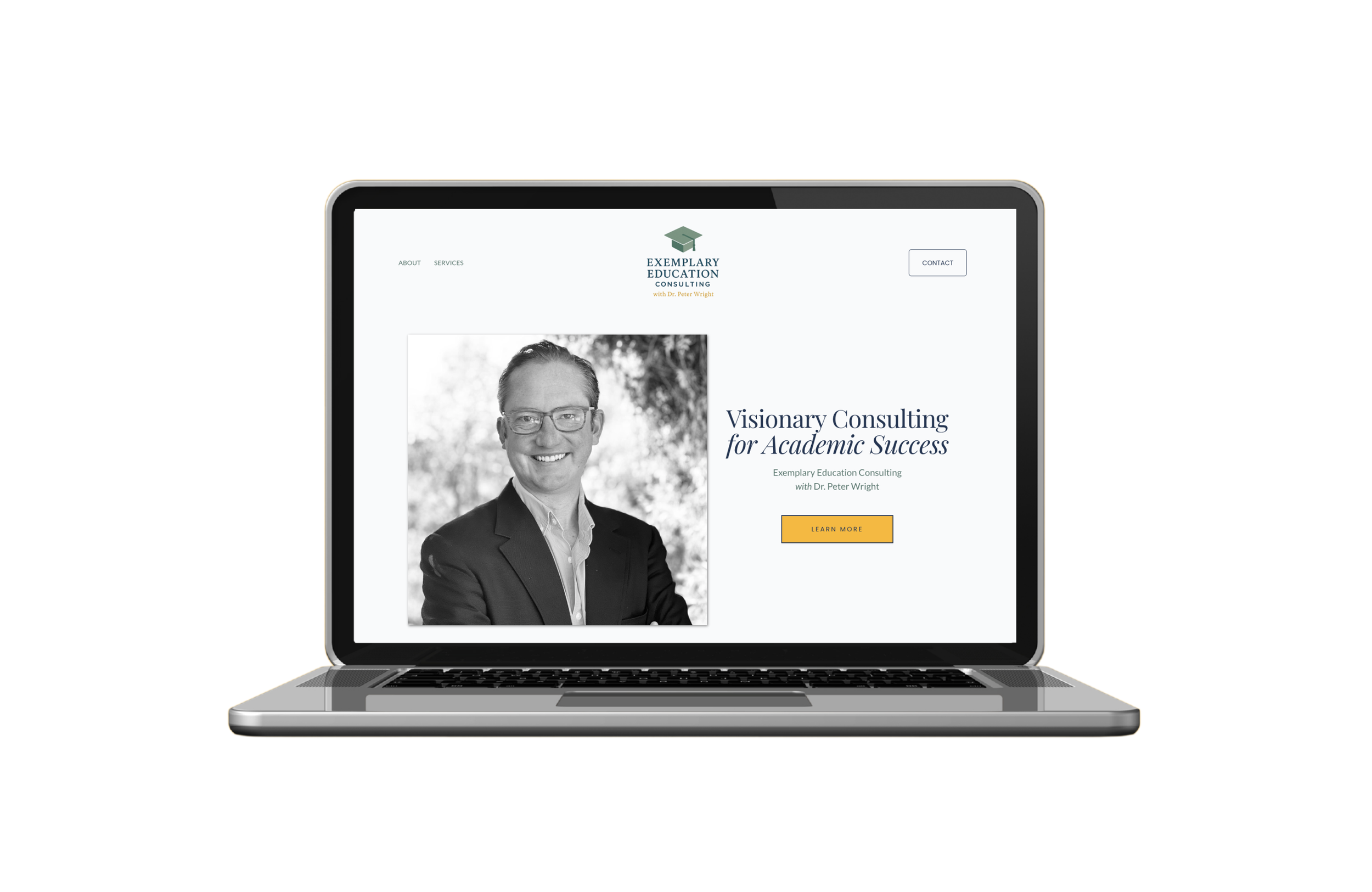 Laptop displaying a website for Exemplary Education Consulting with a black-and-white photo of a smiling man in a suit, text about academic success, and a 'Learn More' button.