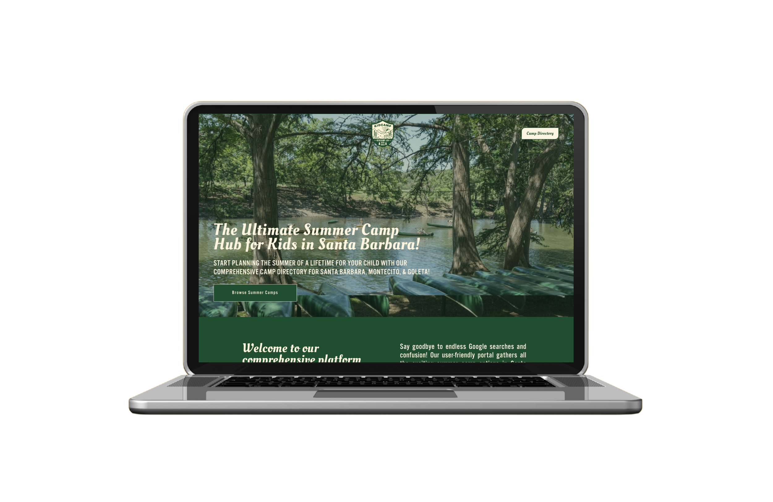 Laptop displaying a website for summer camps in Santa Barbara, with an image of a wooded lakeside area and text promoting camp planning.