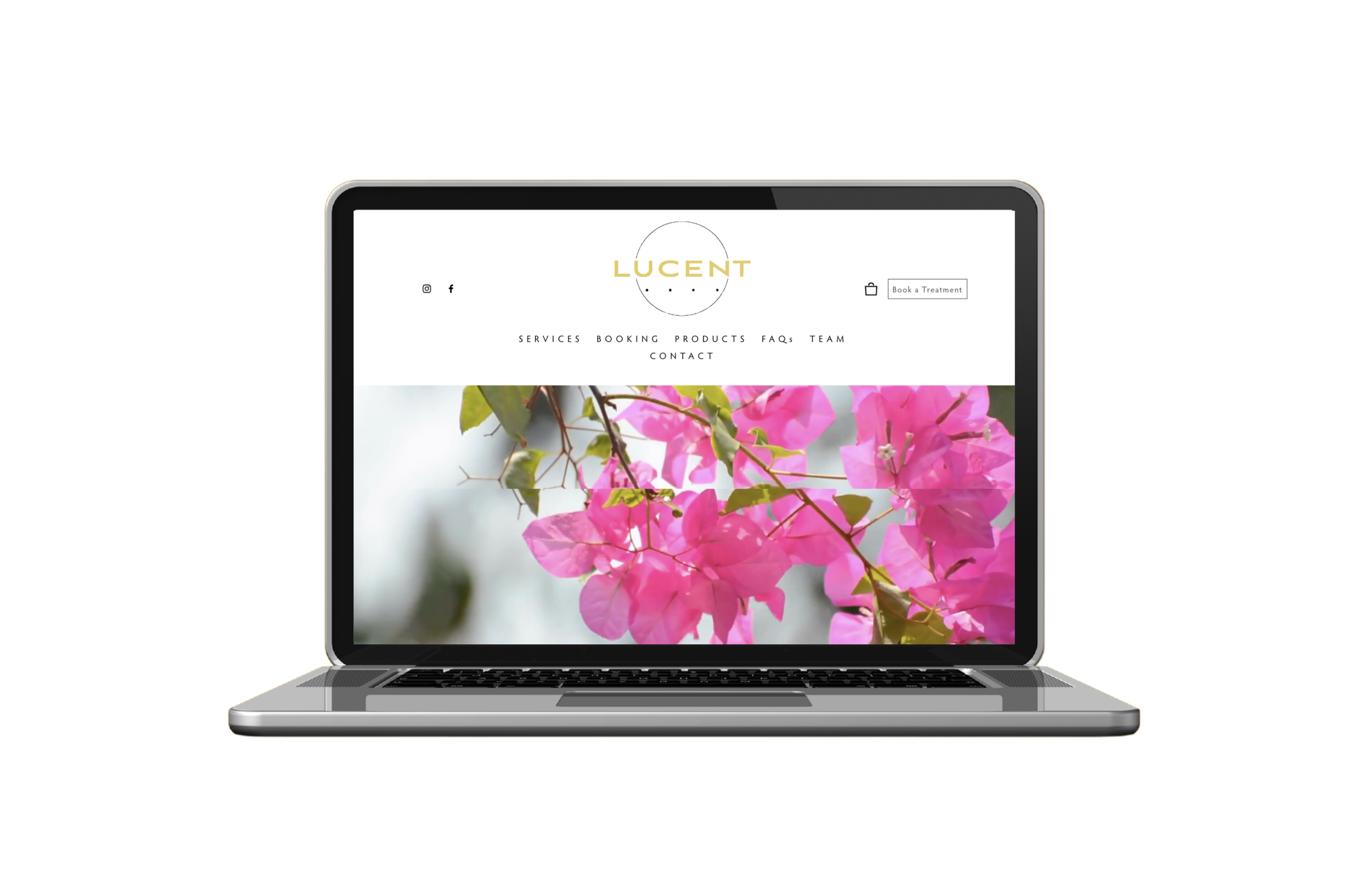 Laptop displaying a website for Lucent with pink flowers on the screen.