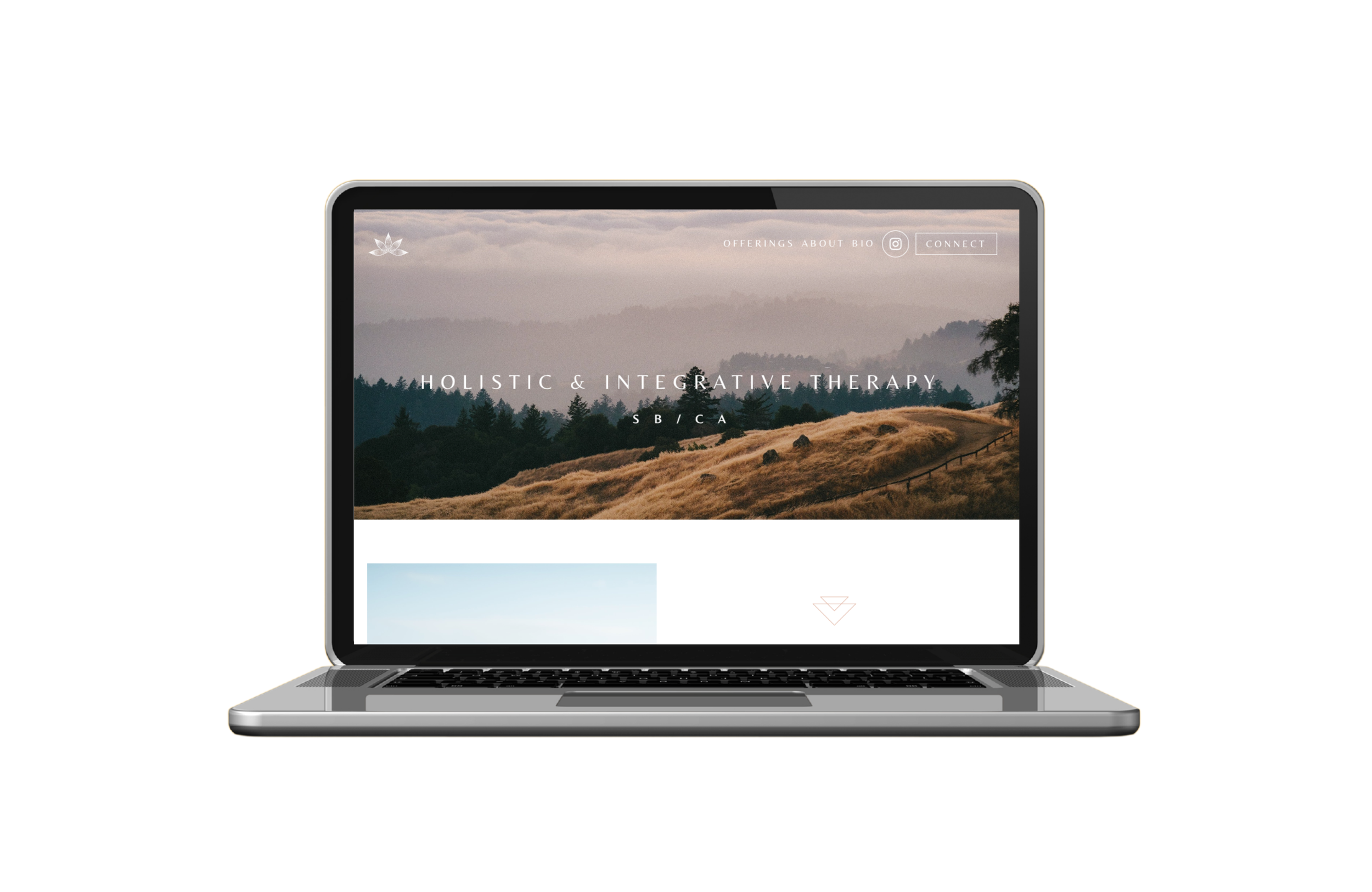 Laptop displaying a website with a landscape image of hills and trees, and overlay text about holistic and integrative therapy.